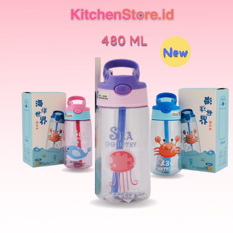 Botol Minum Karakter dan Gambar Lucu Ocean World Kesukaan Anak Dengan Bpa Free 480 Ml dengan Sedotan