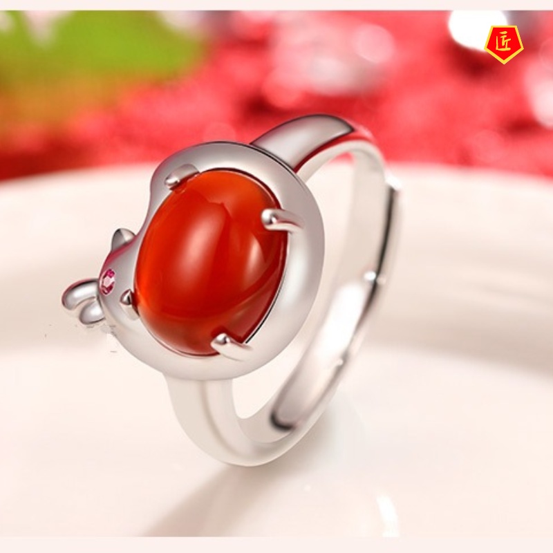 [Ready Stock]Chinese Zodiac of Rooster Simple Red Agate Open Ring