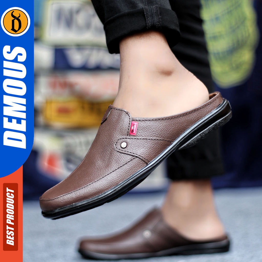 Sepatu Sandal Pria Kulit Asli Sendal Bustong Slop Hitam DEMOUS TYKO