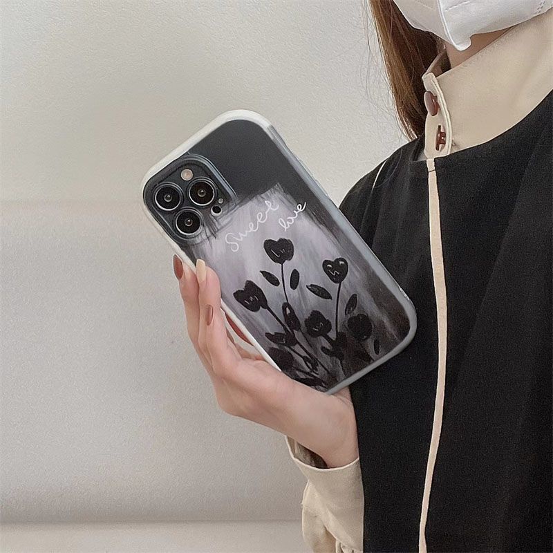 Soft Case Motif Print Bunga Hitam 13 12 Untuk iphone 11 pro xs max X XR 7 8 plus plfg