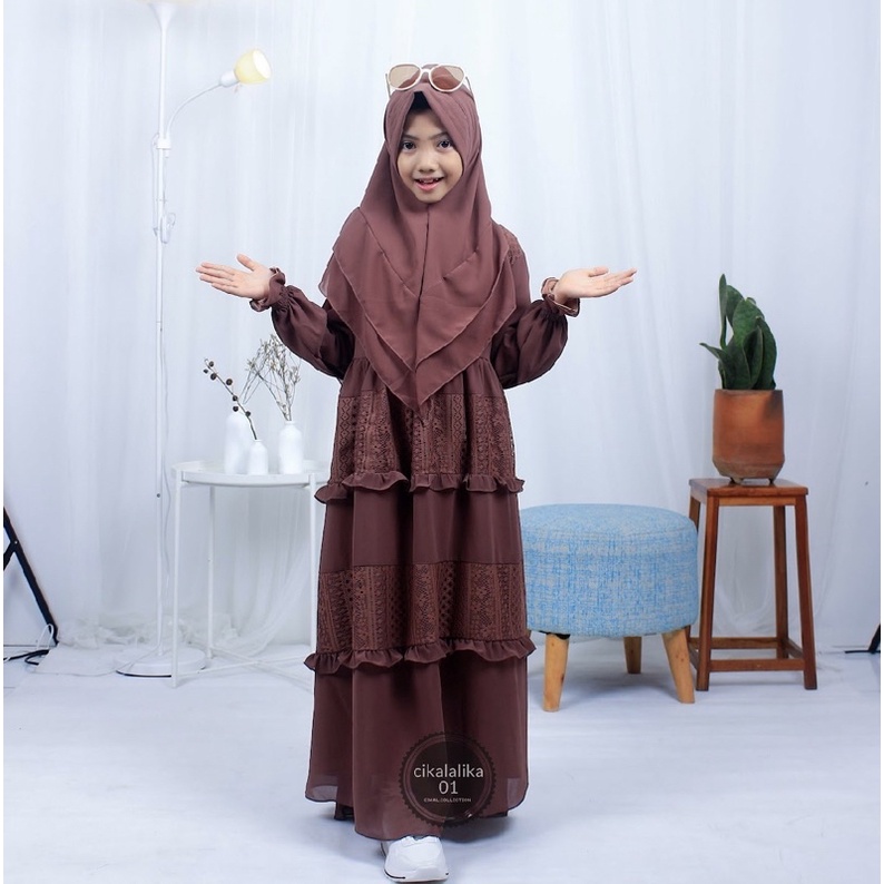 Cikalalika- gamis anak perempuan brukat malika set khimar Fashion Muslim / Pakaian Muslim Anak