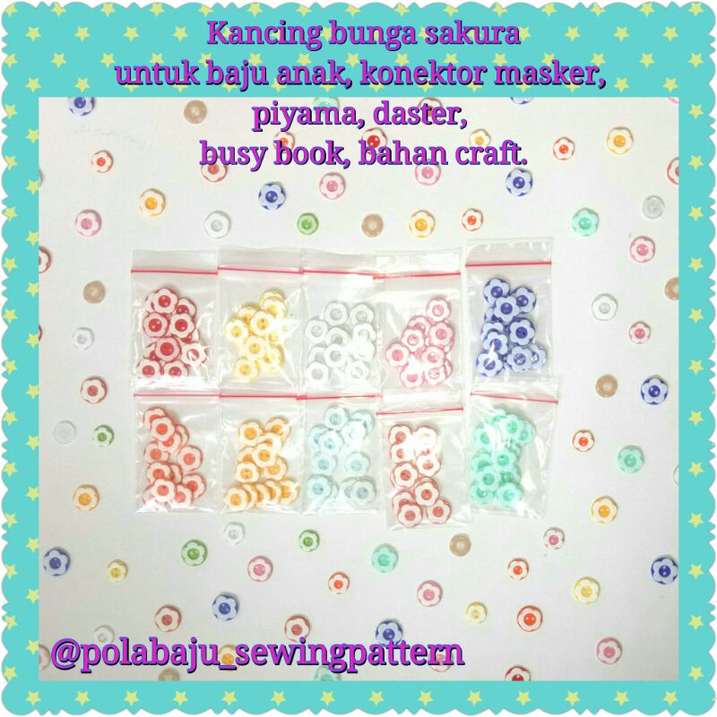 Kancing bunga sakura 13 &amp; 15mm - kancing baju, konektor masker, daster, piyama, baju anak isi 72 pcs