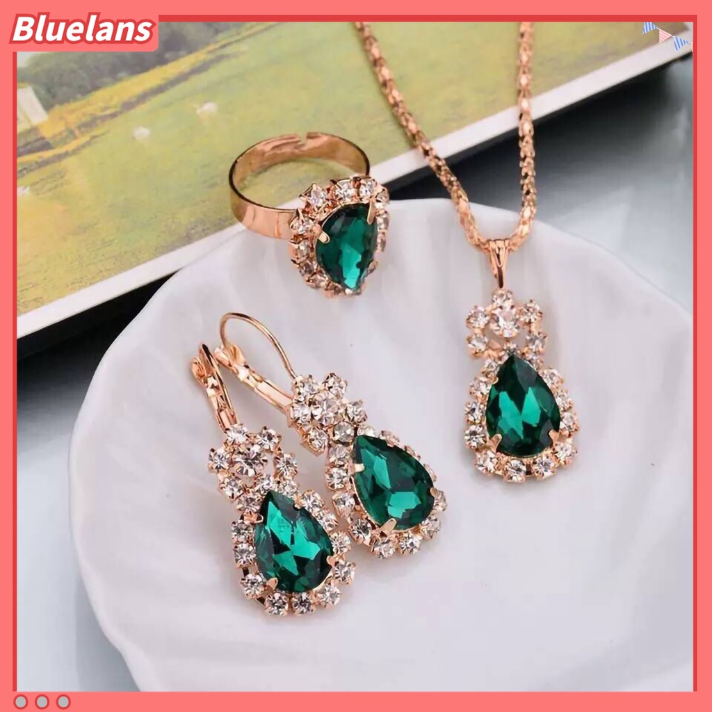 3pcs / Set Kalung Anting Cincin Liontin Water Drop Berlian Imitasi Bahan Alloy Warna Cerah Untuk Aksesoris