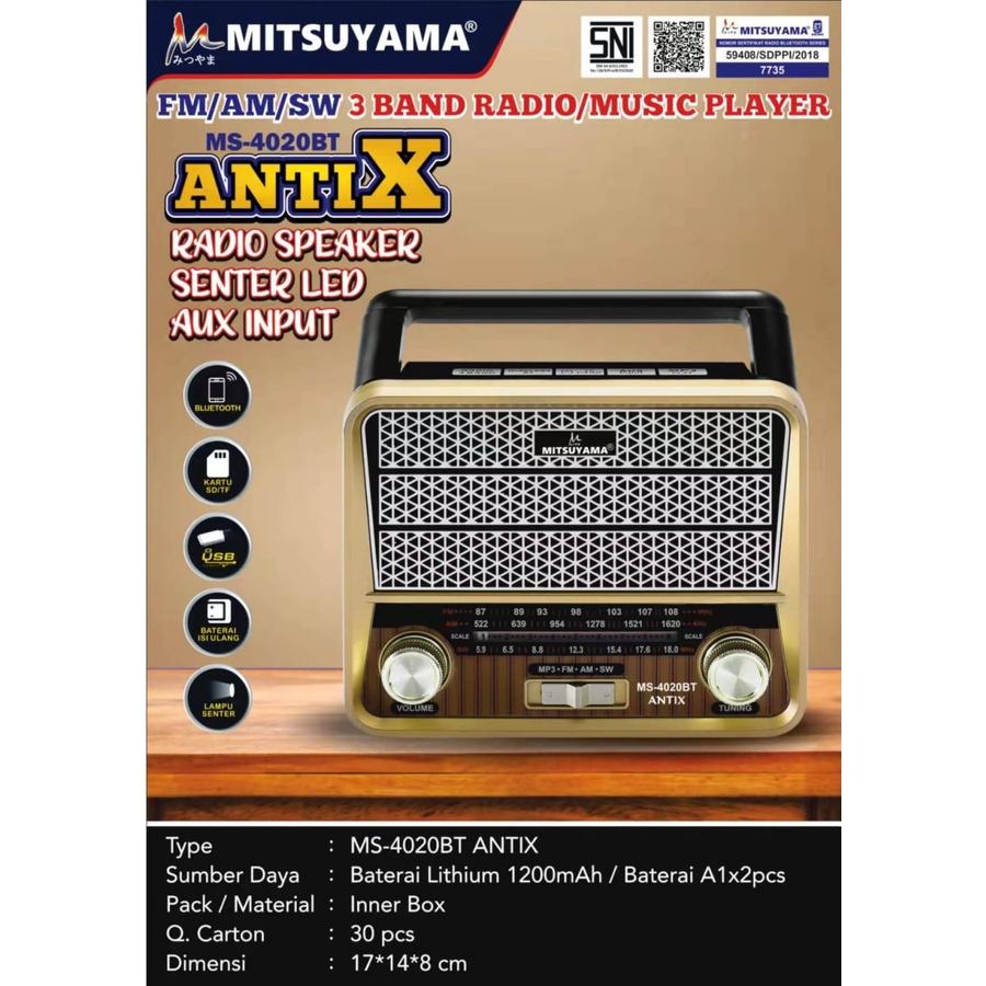 COD RADIO MITSUYAMA MS-40202BT ANTIX//RADIO FM/AM/SW/3 BAND RADIO/MUSIC PLAYER//RADIO SPEAKER SENTER LED MS-40202BT ANTIX