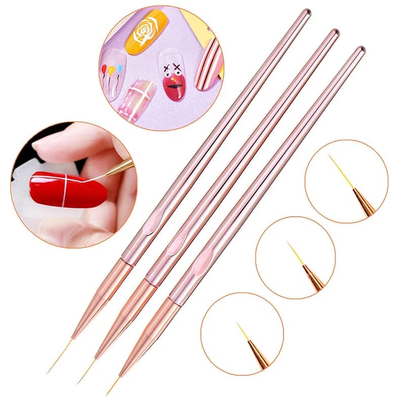 Kuas Liner Brush Akrilik Rose Gold Nail Art Kuas Lukis Garis Lurus Kuku Set Brush Liner 3PCS F807