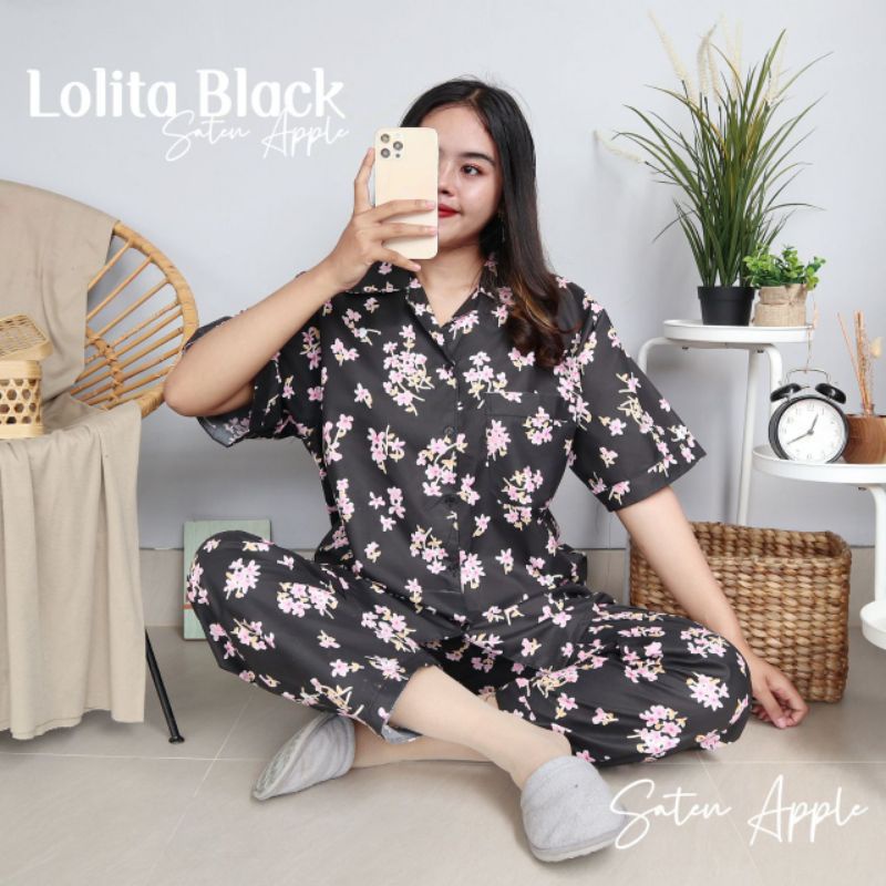 Baju Tidur Piyama Wanita Dewasa Piyama Baju Santai Motif Bunga-Lolita black