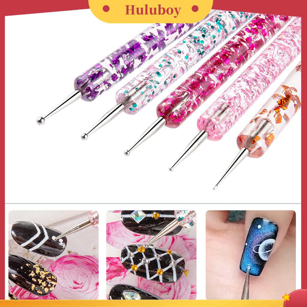 Huluboy Huluboy♡ 5pcs / Set Dotting Pen Kepala Ganda Bahan Akrilik UV Gel Motif Print Bunga Untuk Manicure