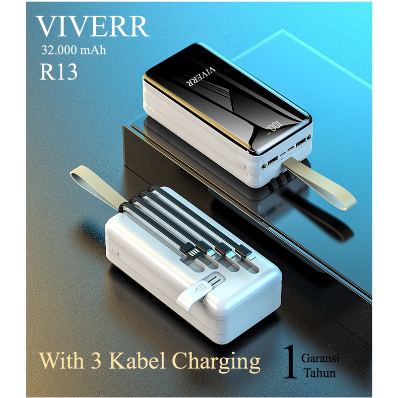 Powerbank VIVERR R13 kapasitas 32.000 mAh With 4 Kabel charging Garansi 1 Tahun.