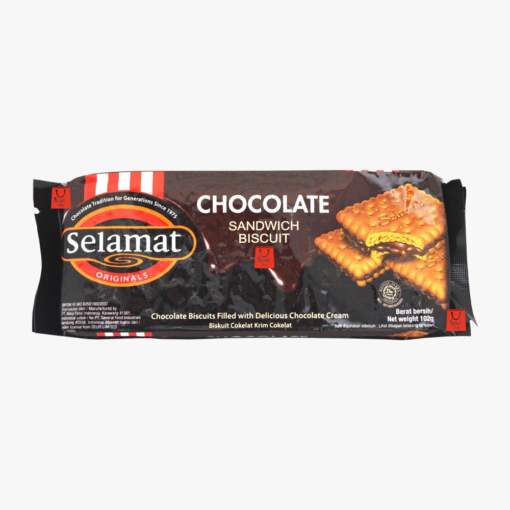 

Selamat Sandwich Biscuit Chocolate Biskuit Coklat Isi Krim Coklat Kemasan Pack - 102gr