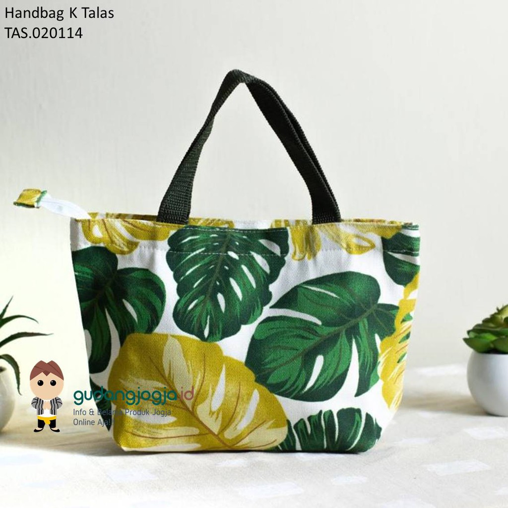 GUDANGJOGJAID. TAS KANVAS HAND BAG KANVAS KECIL MOTIF DAUN TALAS. TAS JOGJA. SOUVENIR JOGJA