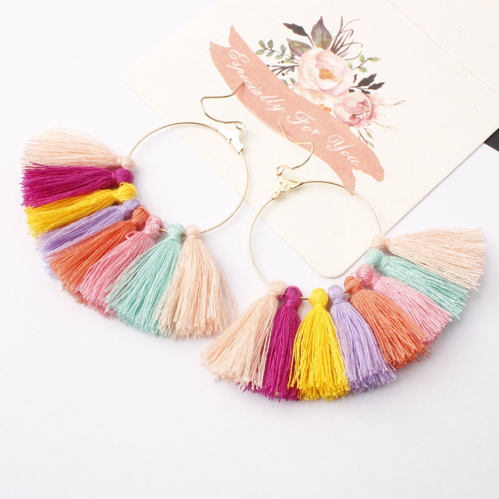 Untuk baru sederhana berbentuk kipas rumbai anting-anting temperamen panjang fringe ornamen bohemian