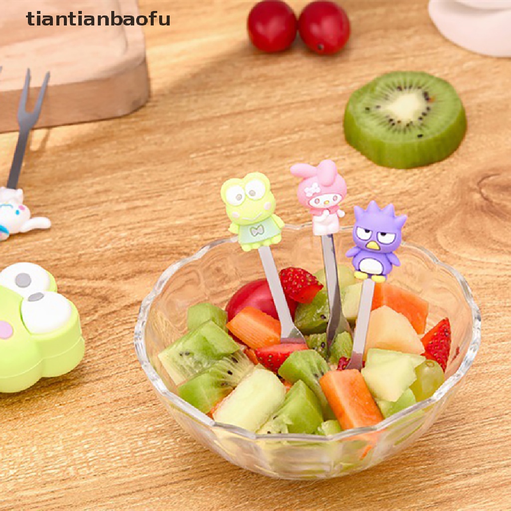 5pcs / Set Garpu Buah Dessert Bahan Stainless Steel Desain Kartun Dengan Holder