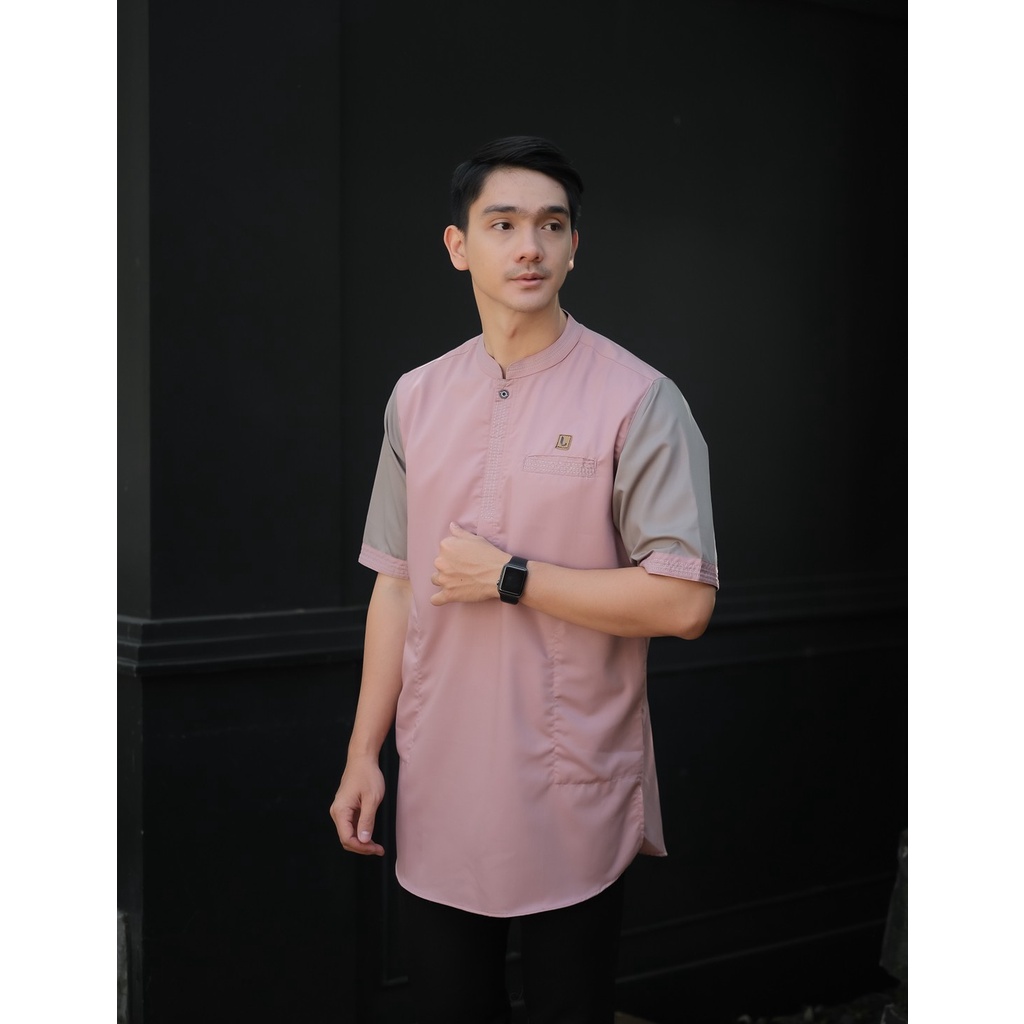 Luthfi Baju Koko Pria Lengan Pendek Kombinasi Toyobo Fodu Dusty Pink