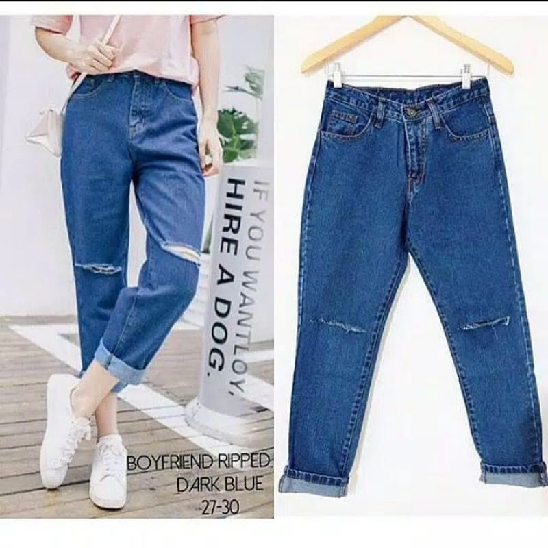 Jeans wanita kekinian - celana boyfriend cut knee model sobek tengah - boyfriend wanita