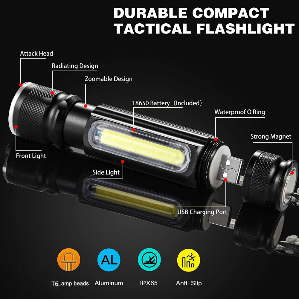 TaffLED Senter LED Lantera USB Rechargeable Cree XML T6 + COB 2300 Lumens - WY8106 - Black