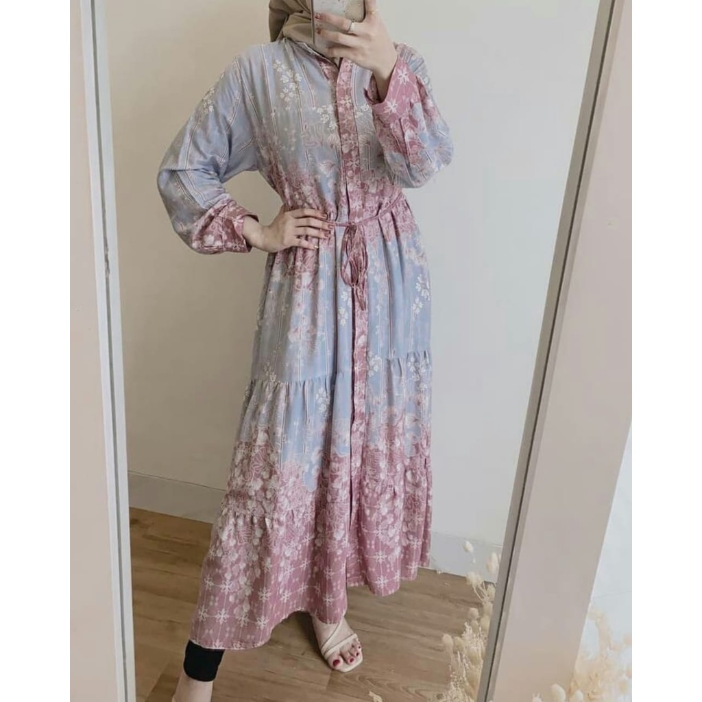 Midi Dress Petra Baju Busui Gamis Wanita Muslim Motif Bunga Abstrak Bahan Rayon Uniqlo Termurah