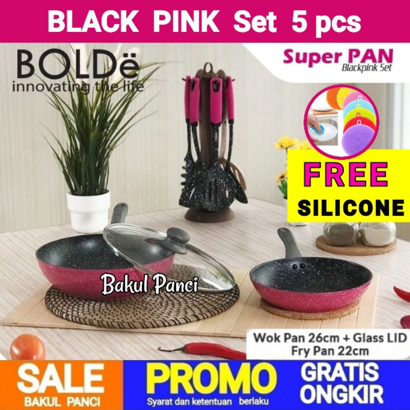 BOLDe SUPER PAN SET BLACK PINK WAJAN PANCI | Panci Granite Ceramic Cookware Frypan Wok