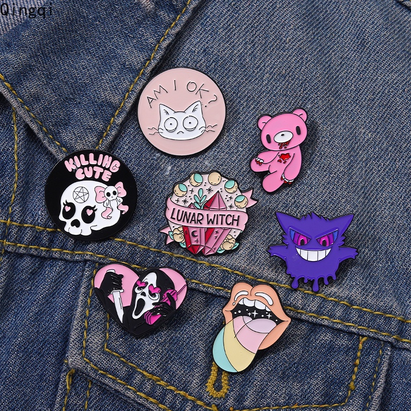Bros Pin Enamel Desain Kartun Beruang Pink Tengkorak Bibir Warna-Warni Gaya Punk Untuk Pakaian