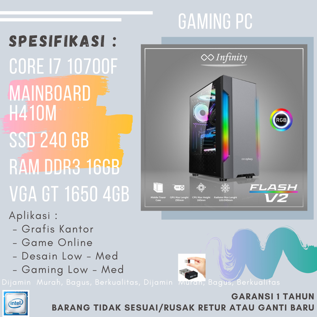 PC GAMING i7 GEN 10 I7 10700F VGA GTX 1650 4GB SSD 240GB E99