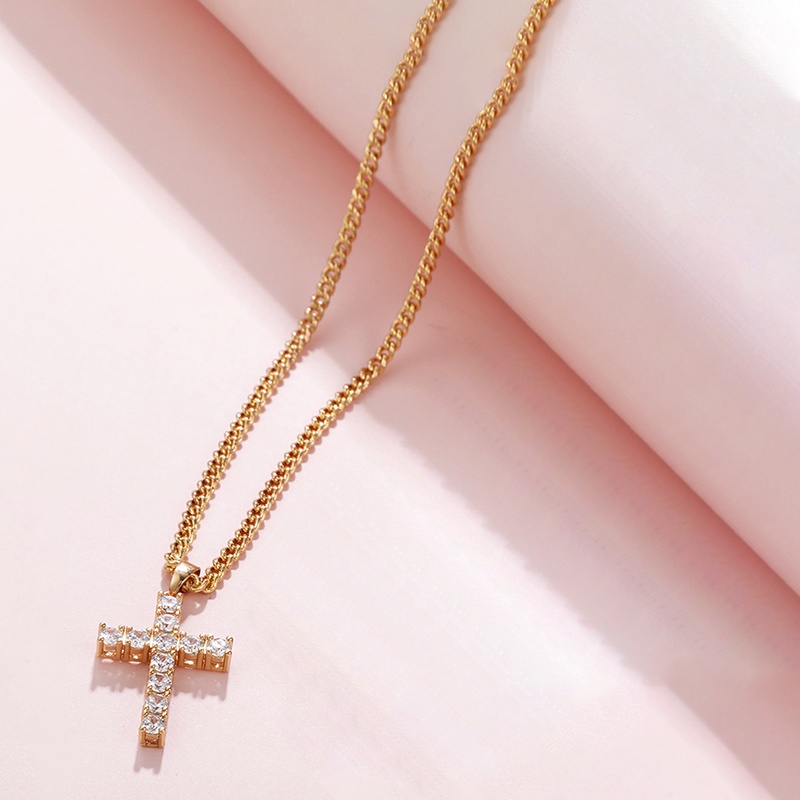 Retro Cross Kalung Emas Cubic Zirconia Hias Wanita Fashion Aksesori Hadiah - ol