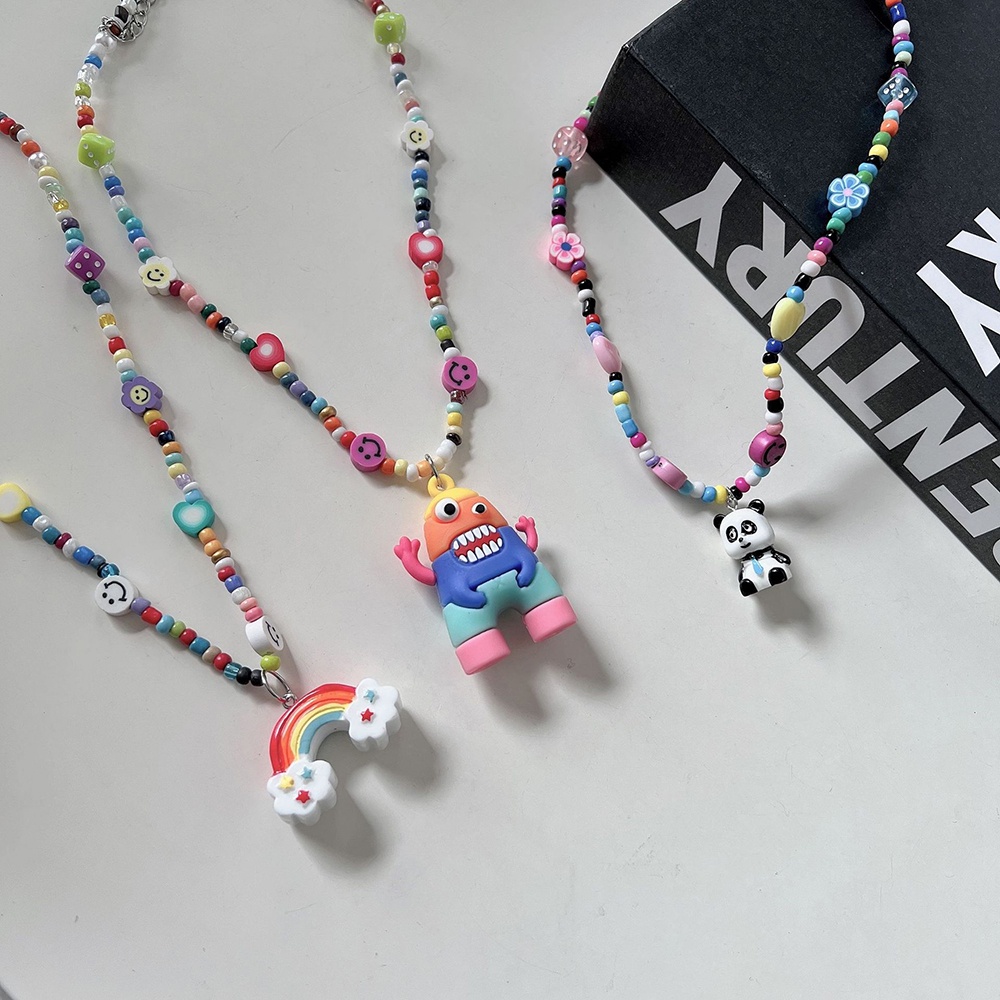 1pc Kalung Liontin Manik-Manik Kartun Kelinci Warna Pink Pelangi Gaya Hip Hop Untuk Wanita