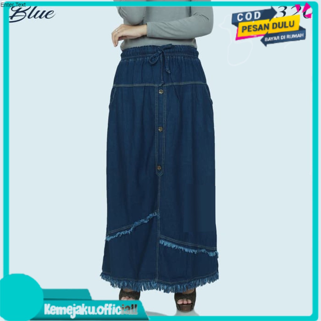 KO rok jeans rawis wanita denim rumbai pinggang karet boyfriend washed - Blue -
