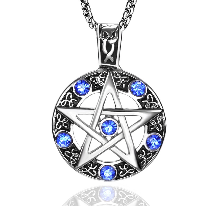 Kalung Silver Dengan Liontin Bintang Bulat Aksen Hollow + Batu Permata Biru Untuk Pria
