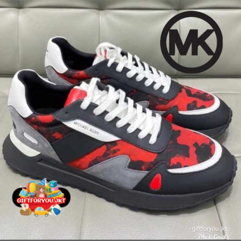 Sepatu Pria Michael Kors Man Miles Camouflage Canvas Leather Trainer Men Cowok MK Branded Premium Co