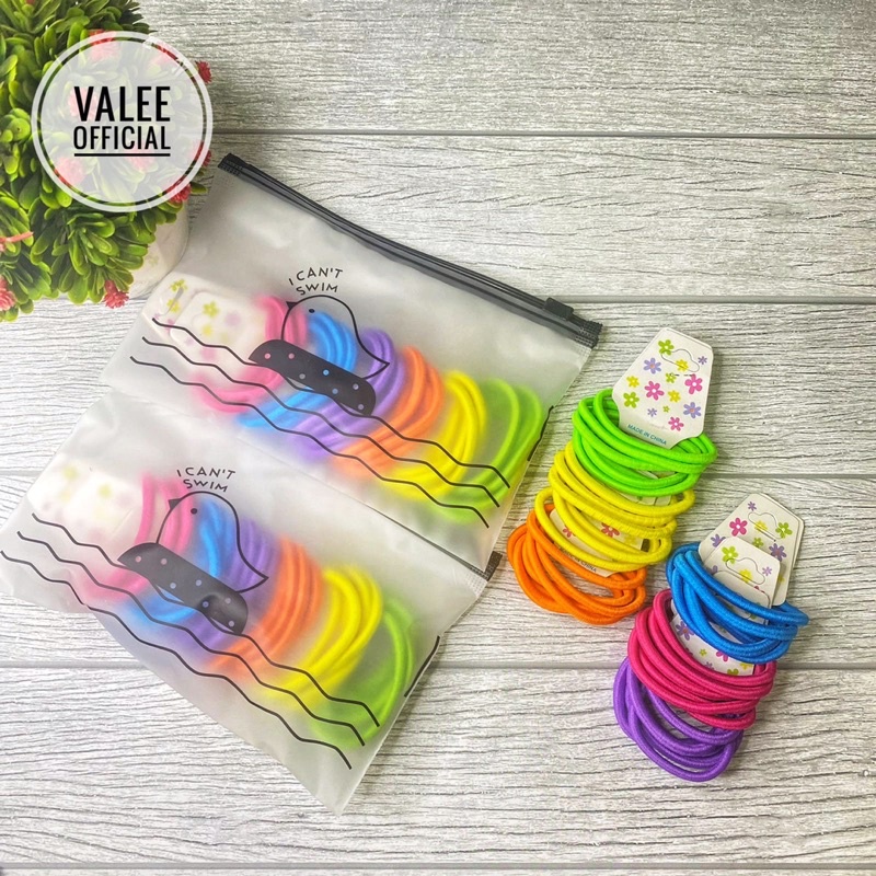 [COD] Ikat Rambut Karet Gelang Polos Elastis Gaya Korea Untuk Wanita Isi 36PCS + FREE POUCH