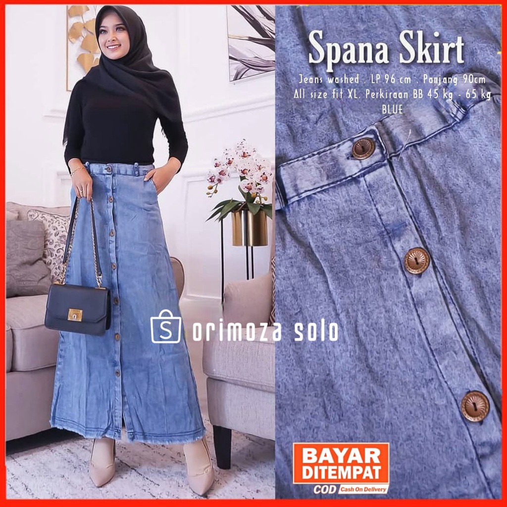 Orimoza Xandra Rok Jeans Panjang Kancing Depan Button Denim Skirt Snow-3