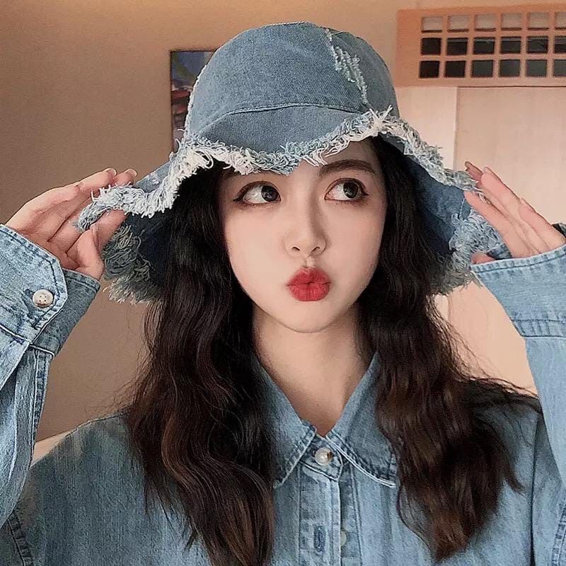 Bucket hat Ripped end Topi bucket hat Rawis Rumbai jeans wanita aneka warna - bucket jeans wanita model sobek