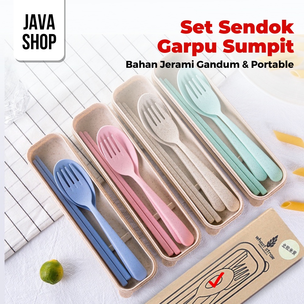 JAVASHOP Set Sendok Garpu Sumpit Travel Bahan Jerami Gandum