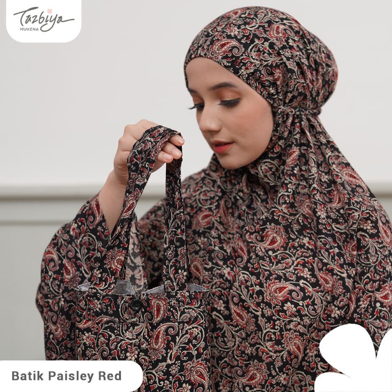 Mukena Tazbiya Batik Paisley Series Red/Green Jumbo Dewasa Katun Rayon Adem Motif Cantik