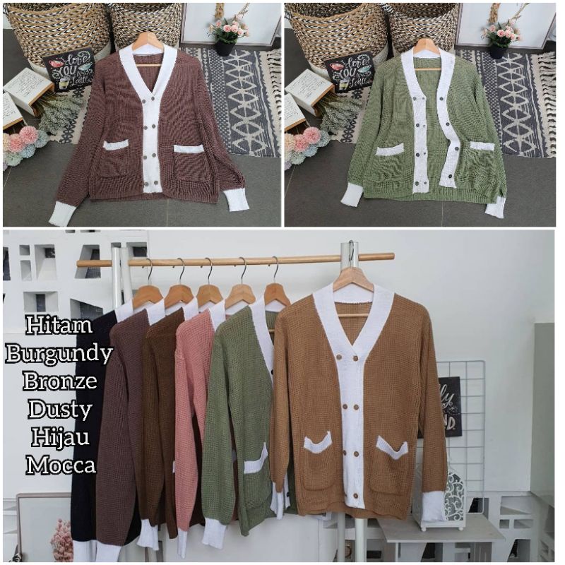 pocket 2tone cardigan rajut wanita/cardigan murah/cardigan kombinasi warna/cardigan lucu/button knit