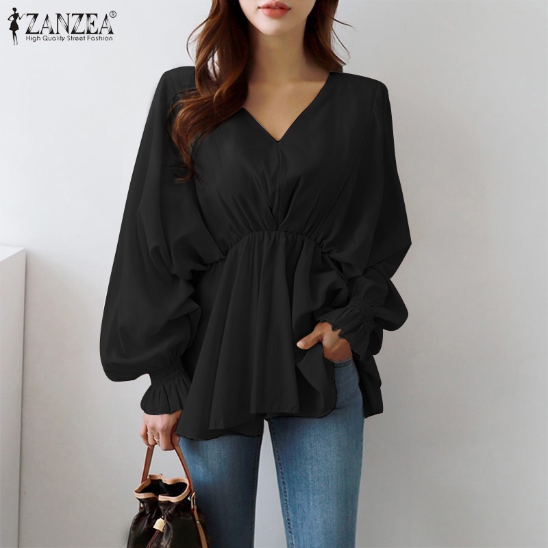 ZANZEA Women V Neck Casual Elastic Waist Lantern Sleeve Ruffles Hem Korea Blouse