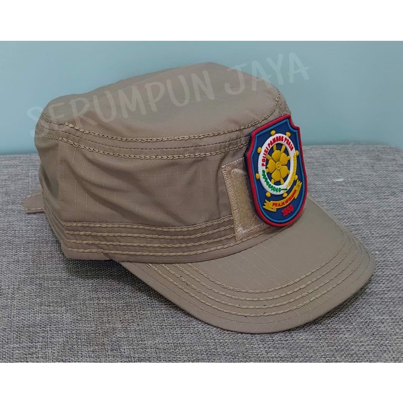 TOPI KOMANDO KREM SATPOL PP LOGO BIRU - TOPI SATPOL PP KOMANDO VELCRO KREM 2 PATCH