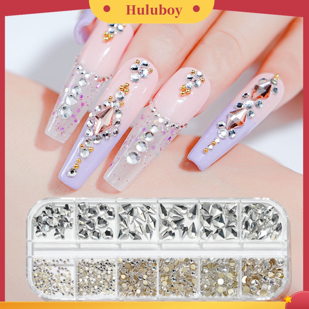 Huluboy Huluboy♡ 12 Grids / Box Berlian Imitasi Glitter Warna-Warni Untuk Dekorasi Nail Art