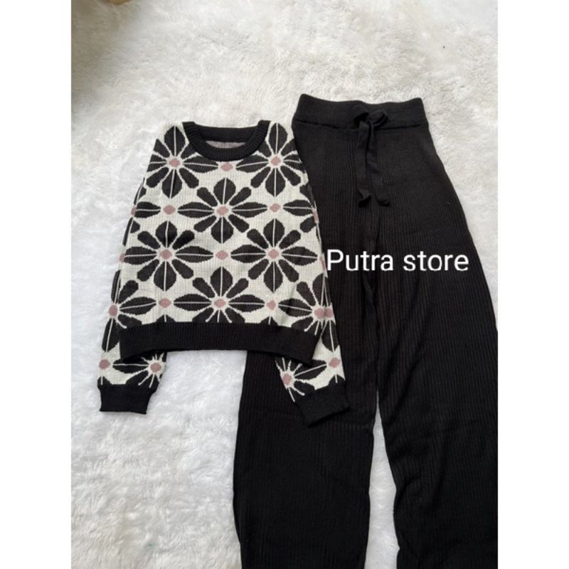 one set Jasmine sweater crop top dan Kulot rajut premium