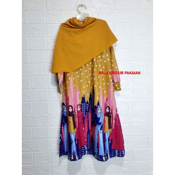 Gamis Misby Anak + Hijab Estimasi Usia 2-5 Thn / Gamis Anak Motif Kartun