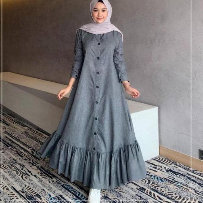 Baju Gamis Muslim Dress Remaja Wanita Dewasa Kekinian Terbaru Murah - Abu-abu