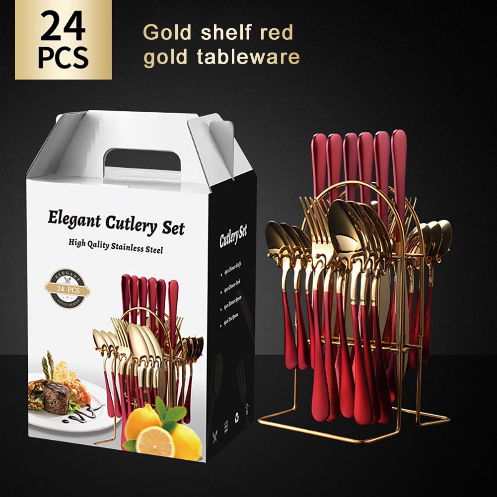 24pcs / Set Kotak Peralatan Makan Bahan Stainless Steel Lapis Titanium Gaya Barat 24 Pcs Untuk Hadiah