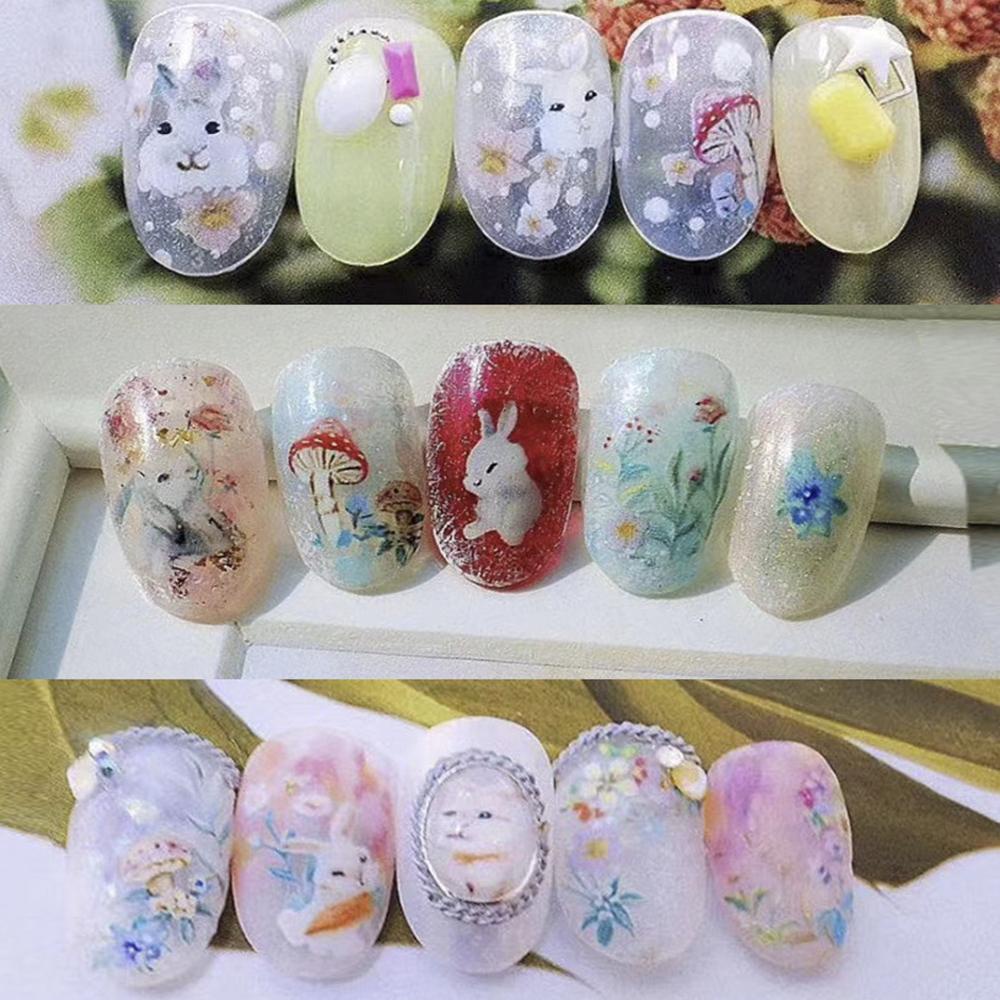 AUGUSTINA Agustina Kuku Decals 3D Wanita Gadis Manikur Aksesoris Musim Semi Air Slide Decals Kelinci Bunga Tanaman DIY Nail Art