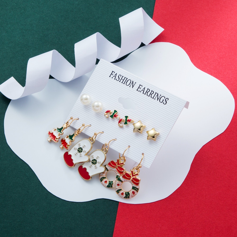 12pcs Santa Claus Christmas Tree Reindeer Snowman Earring Set For Women Pearl Crystal Stud Earrings Fashion Jewelry