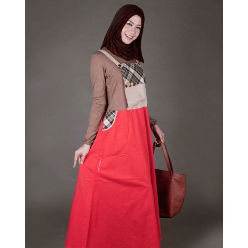 Dannis Abaya Gamis Overall Asimetris Style Orange Abu Kotak Biru Dongker Navy Merah Kancing Pink Fan