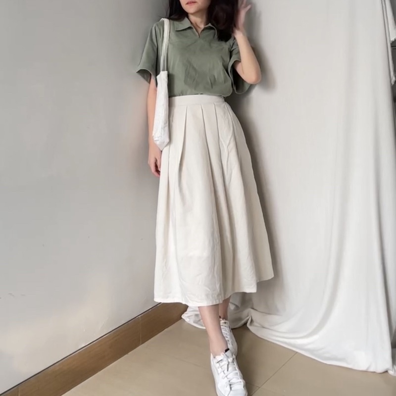 KANON - Saba Pleated Skirt - Rok midi korean lipit katun linen crinkle