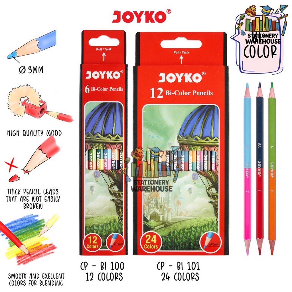 

Pensil Warna Bi-Color Pencils Joyko Duo Color 2 Warna Per Pensil CP-Bi100