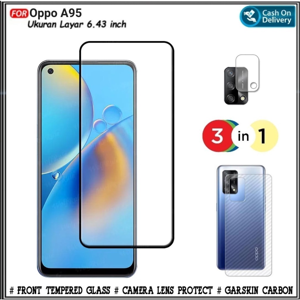 Paket 3in1 Tempered Glass Oppo A95 4G + Garskin Carbon + Anti Gores Kaca Camera DI ROMAN ACC