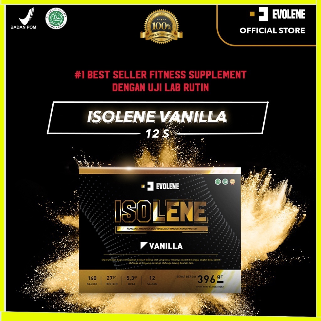 Isolene Vanilla 396gr/12 Sachet Kualitas Premium - Suplemen fitness pembentuk Otot - Defisit kalori - Susu Protein - Suplemen Fitness - Minuman Protein - Suplemen Workout - Whey protein isolate Evolene Evoline Evolen