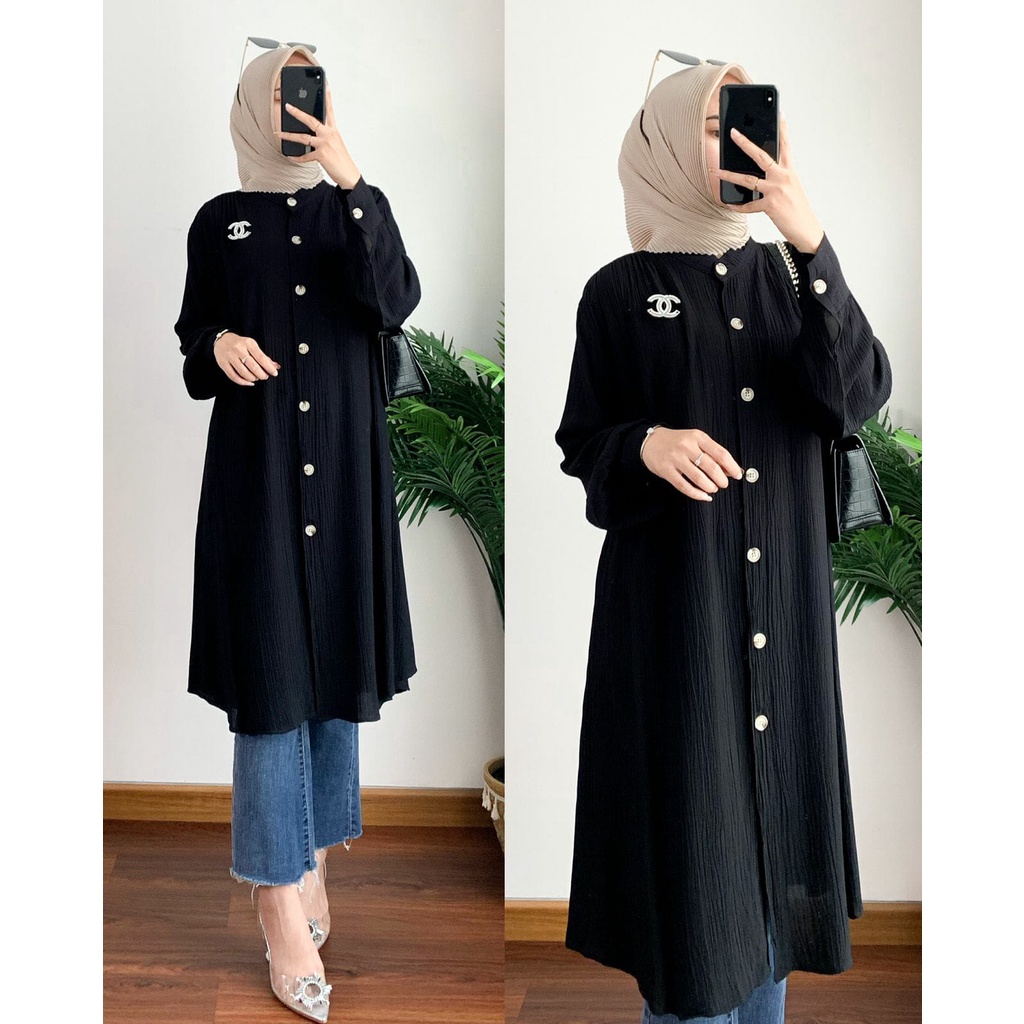 NEW- Arini Tunik Crinkle LD ± 118 cm / Kemeja Atasan Wanita OVERSIZE Lengan Panjang Bahan Cotton Crinkle