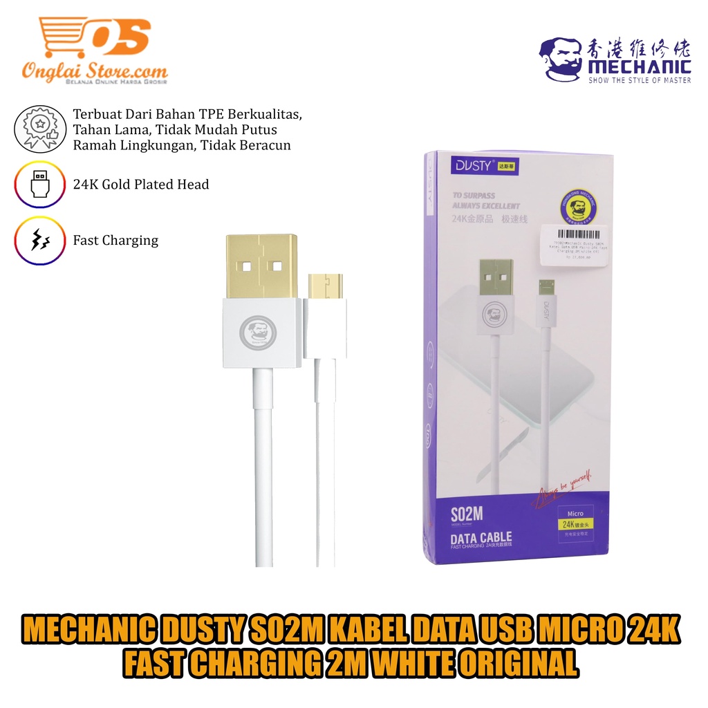 Mechanic Dusty S02M Kabel Data USB Micro 24K Fast Charging 2M White ORI